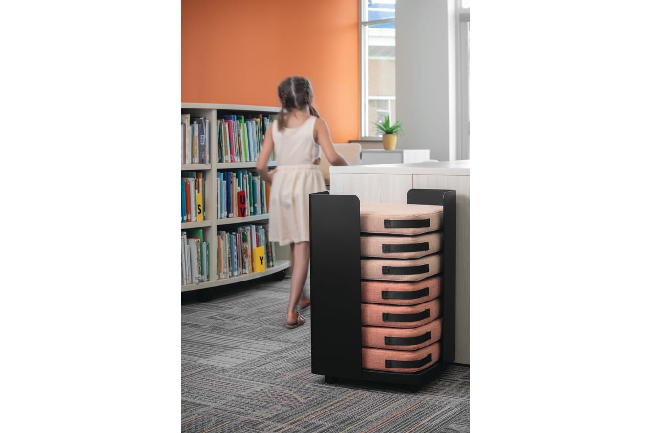 Storyline Bookcases with Confetti Floor Cushions.