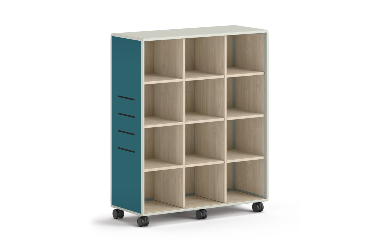 Tall mobile storage unit with twelve square cubbies and teal side panels.