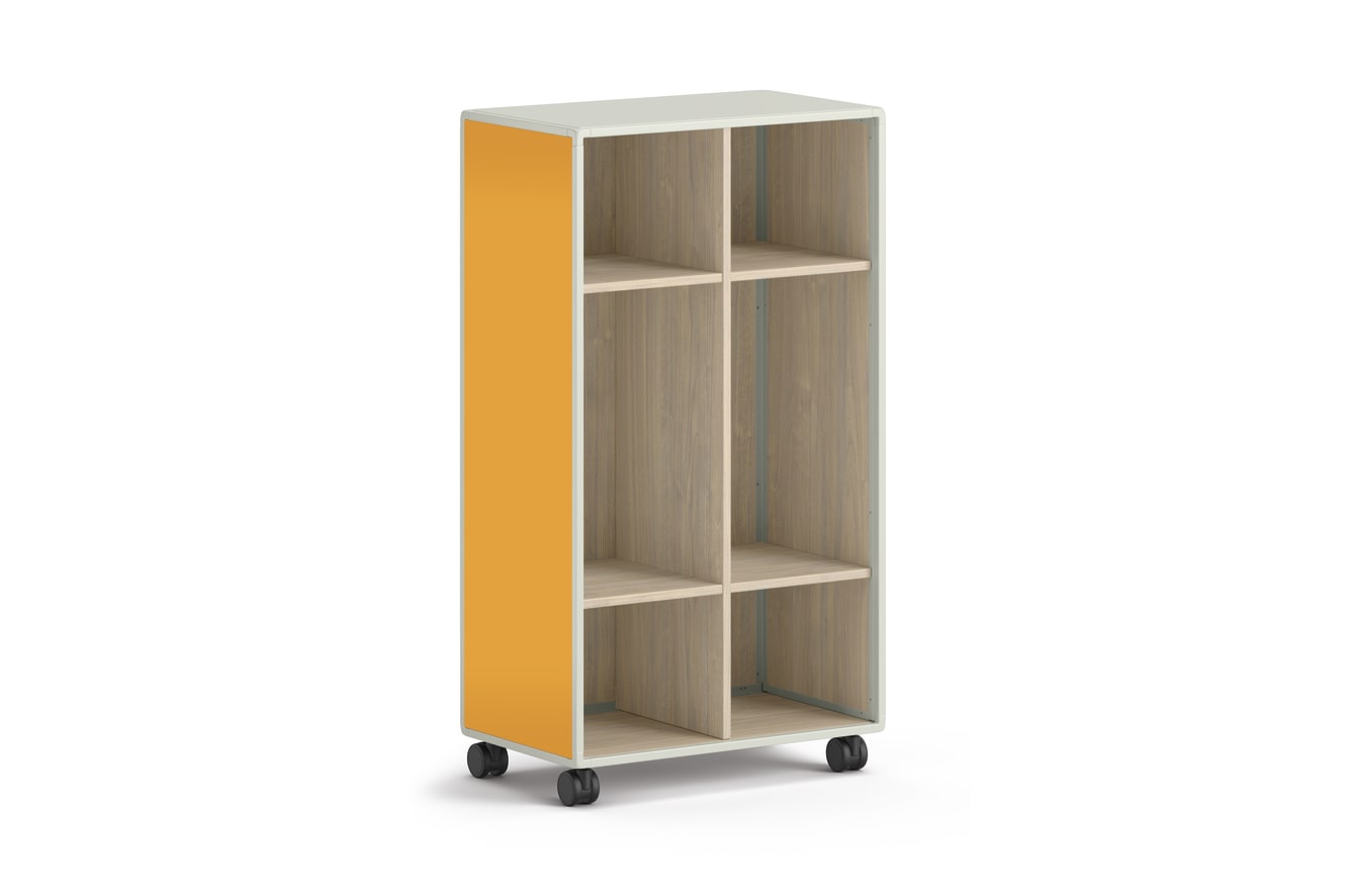 Small mobile storage unit with four square cubbies and two locker cubbies and orange side panels.