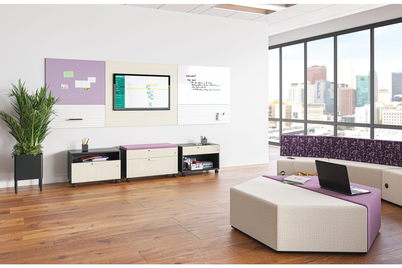 Contain credenzas with Tangram lounge seating  and Workwall