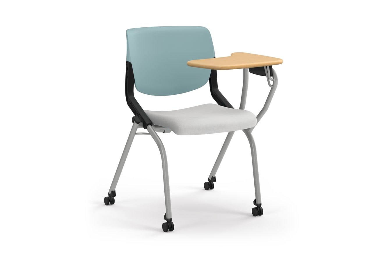 Light blue back chair with gray cushioned seat, wooden writing tablet, and caster wheels.