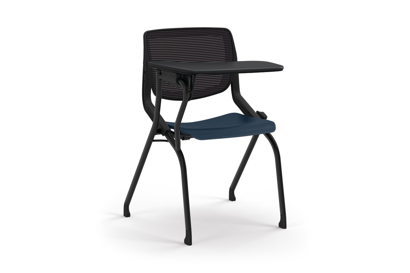Black mesh-back chair with blue seat and attached writing tablet.