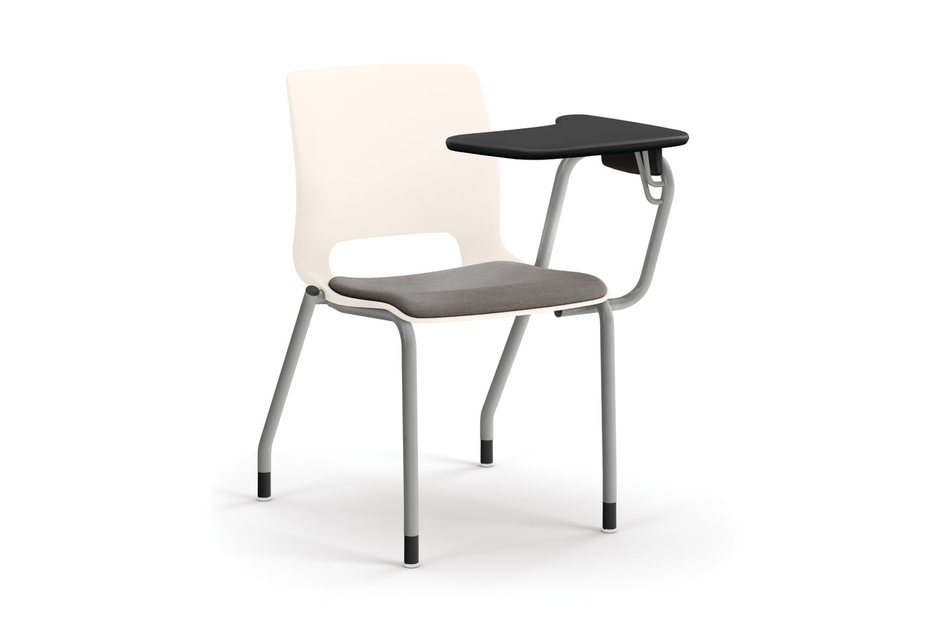 Modern classroom chair with attached writing tablet, metal frame, and cushioned seat.