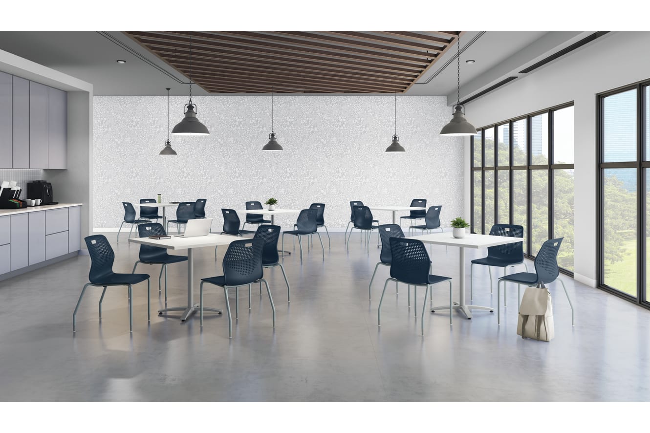 A modern, minimalist office space with sleek black chairs and desks arranged in a collaborative setup, illuminated by pendant lamps and surrounded by large windows providing natural light.