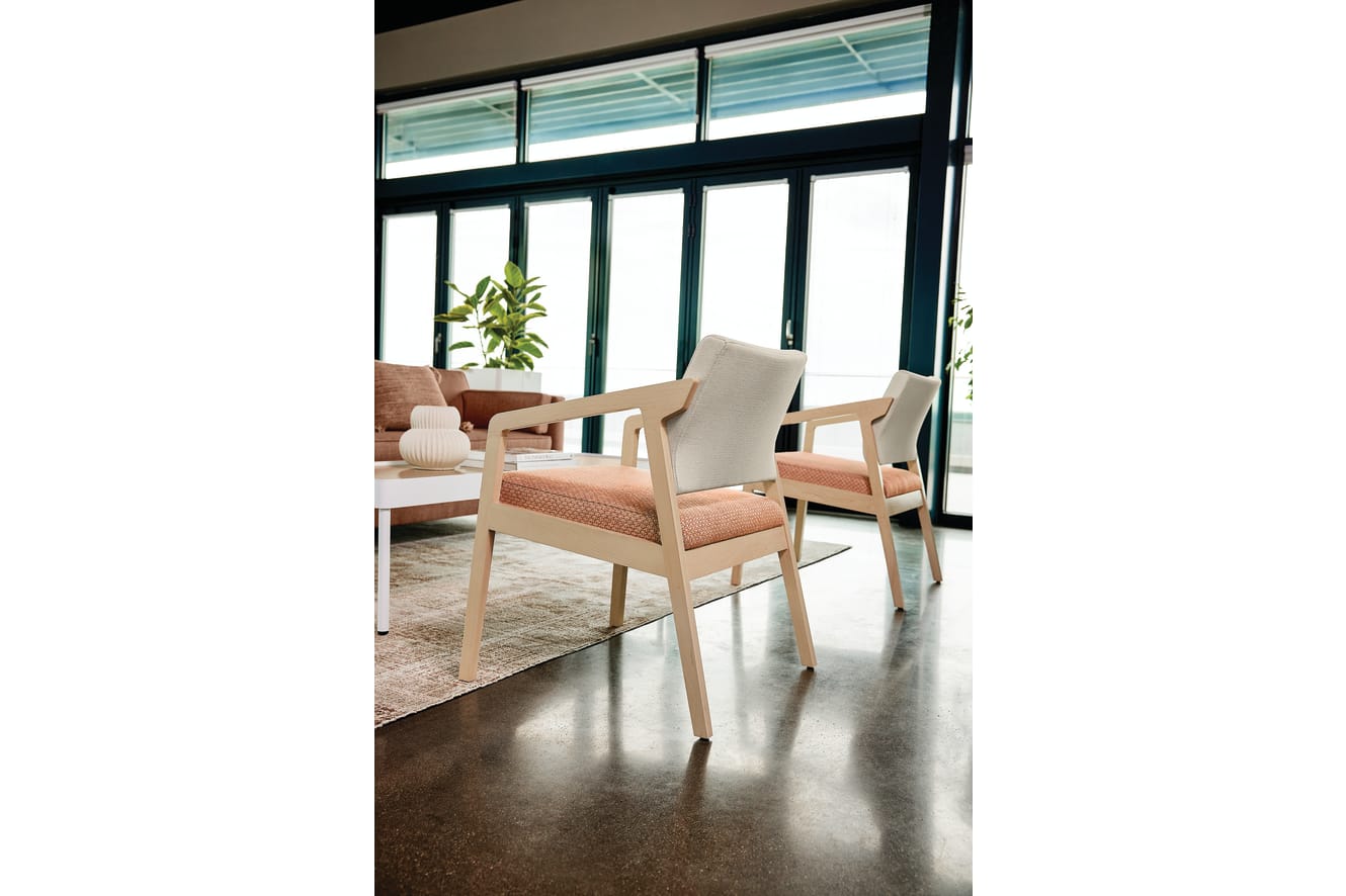 Confer chair with West Hill sofas and Sculpt tables