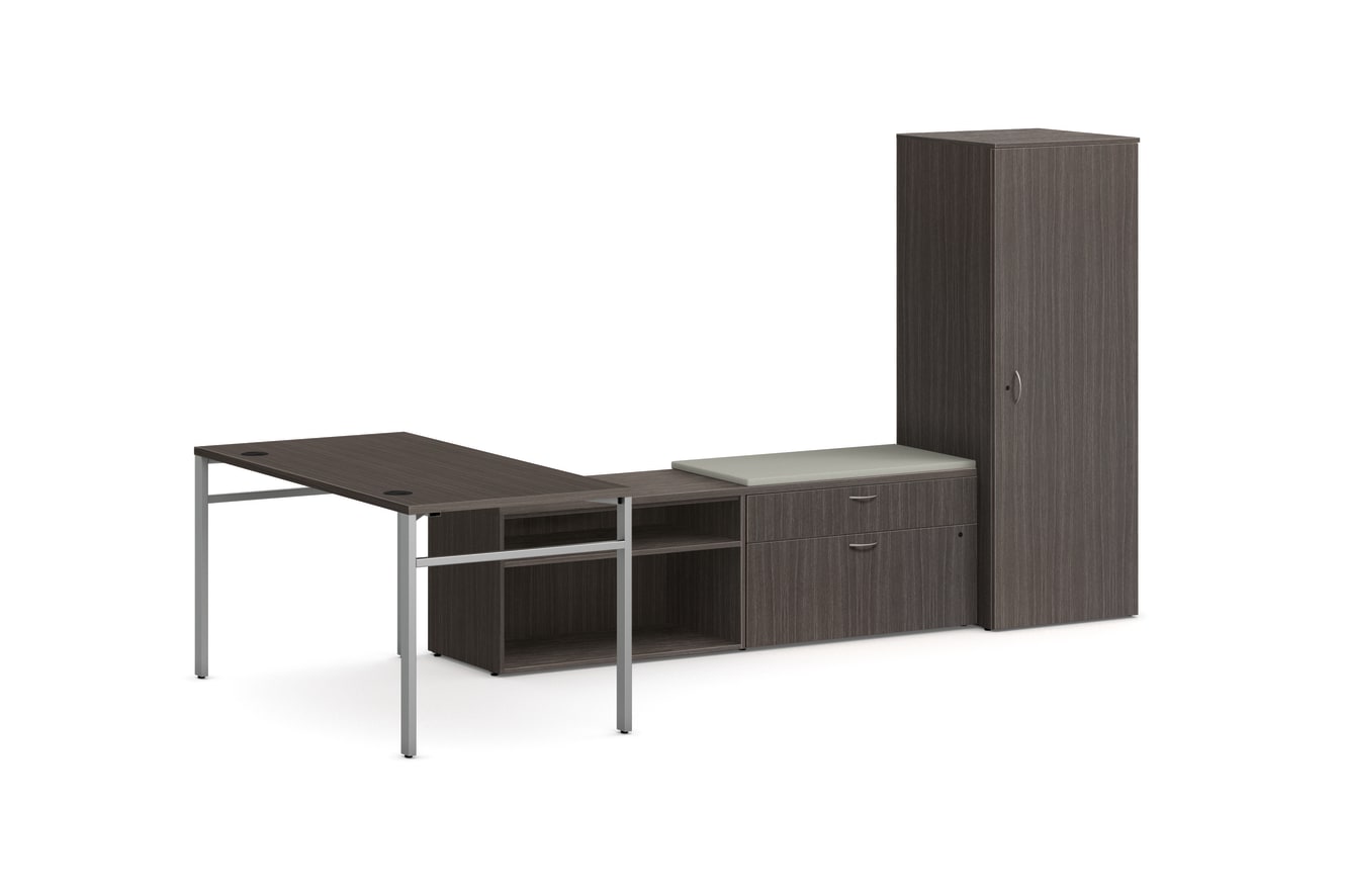 Mod L-Station Desk with Personal Storage Tower in Slate Teak with Silver Legs