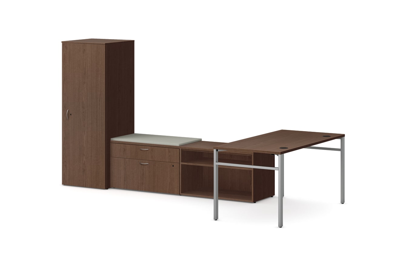 Mod L-Station Desk with Personal Storage Tower in Slate Teak with Silver Legs