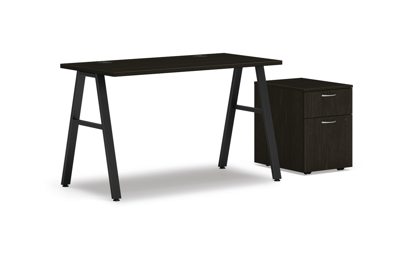 Mod table desk in Java Oak and Black a-legs with mobile pedestal