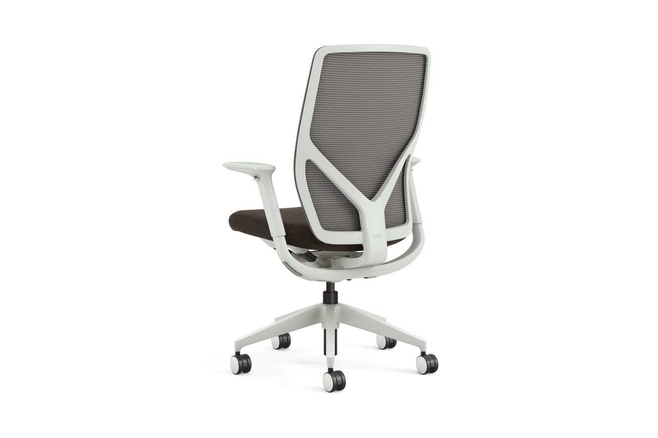 Back 3/4 view of HON Flexion chair with Brown seat fabric and Salt frame.