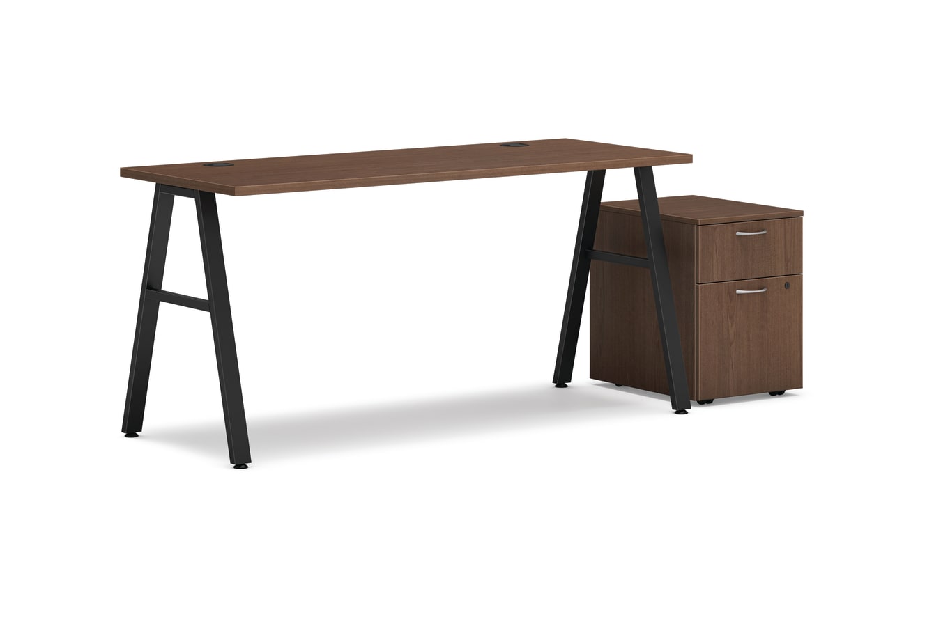 Mod table desk in Sepia Walnut and Black a-legs with mobile pedestal