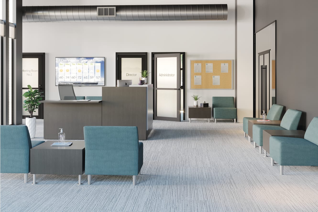 A modern and minimalist office space with a reception area, comfortable seating, and various decor elements such as plants and artwork.