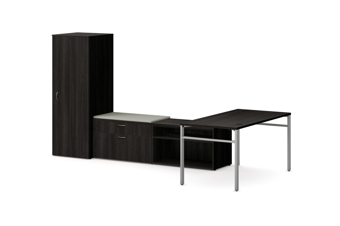 Mod L-Station Desk with Personal Storage Tower in Slate Teak with Silver Legs