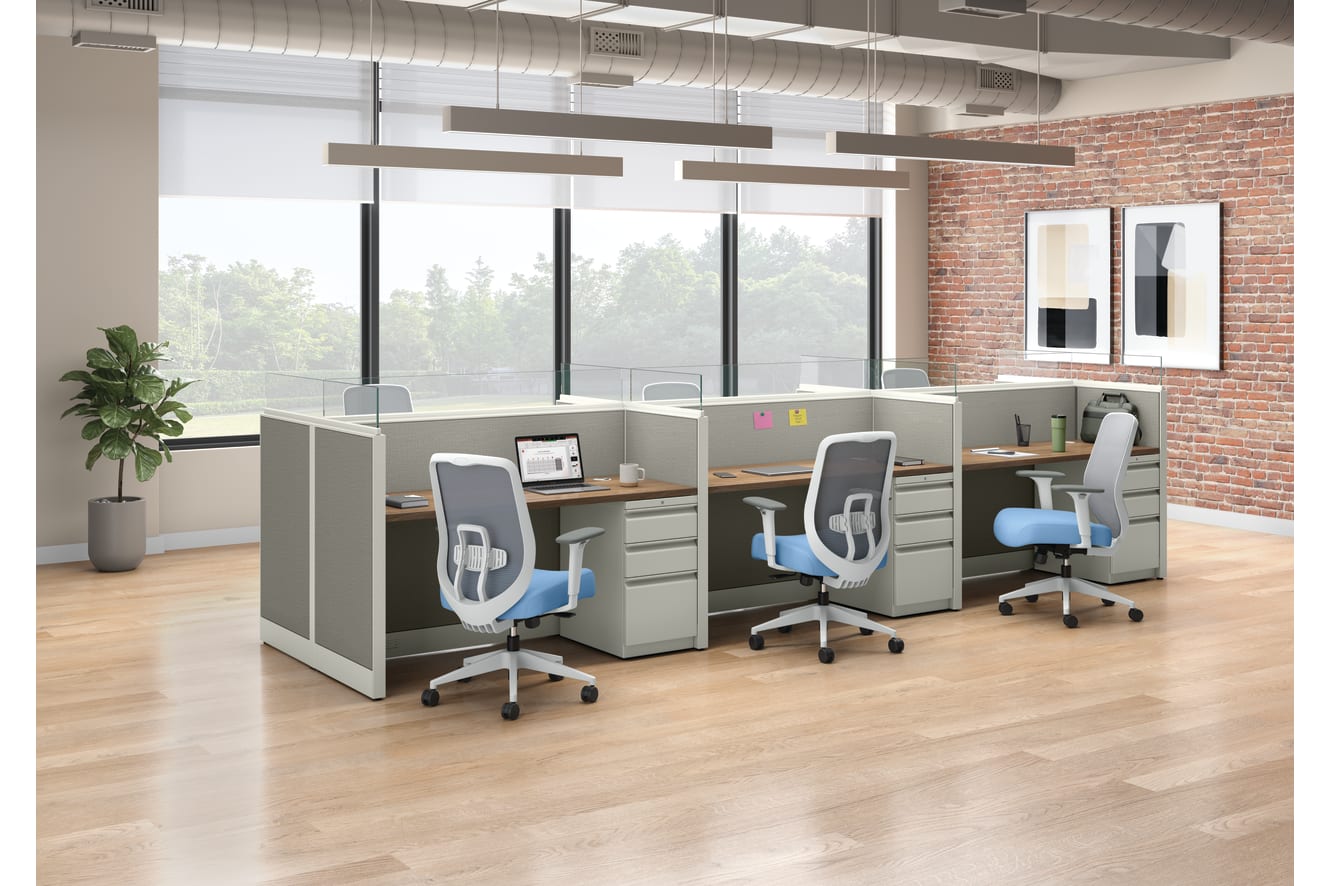 6 pack of cubicles with Altern task chairs in a blue seat fabric