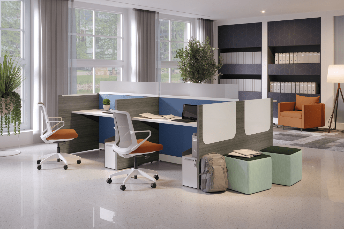 Accelerate Workstations featuring Gallery Panels and a whiteboard accessory for impromptu meetings.