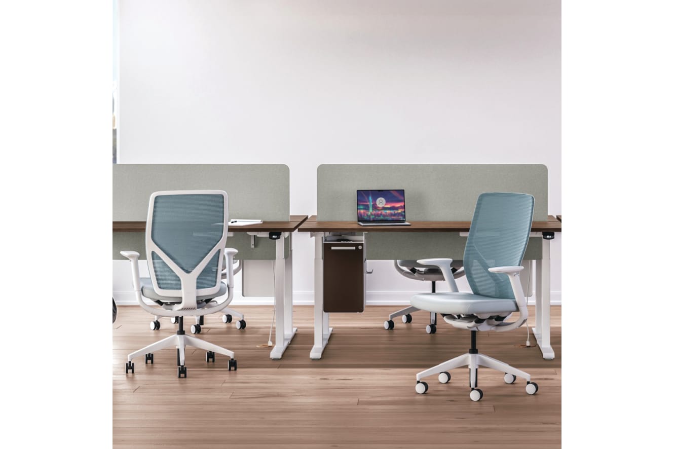 Row of 2 height adjustable workstations with Flexion task seating.