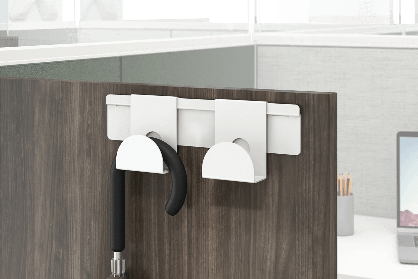 Gallery panel hook holding a hanging umbrella.