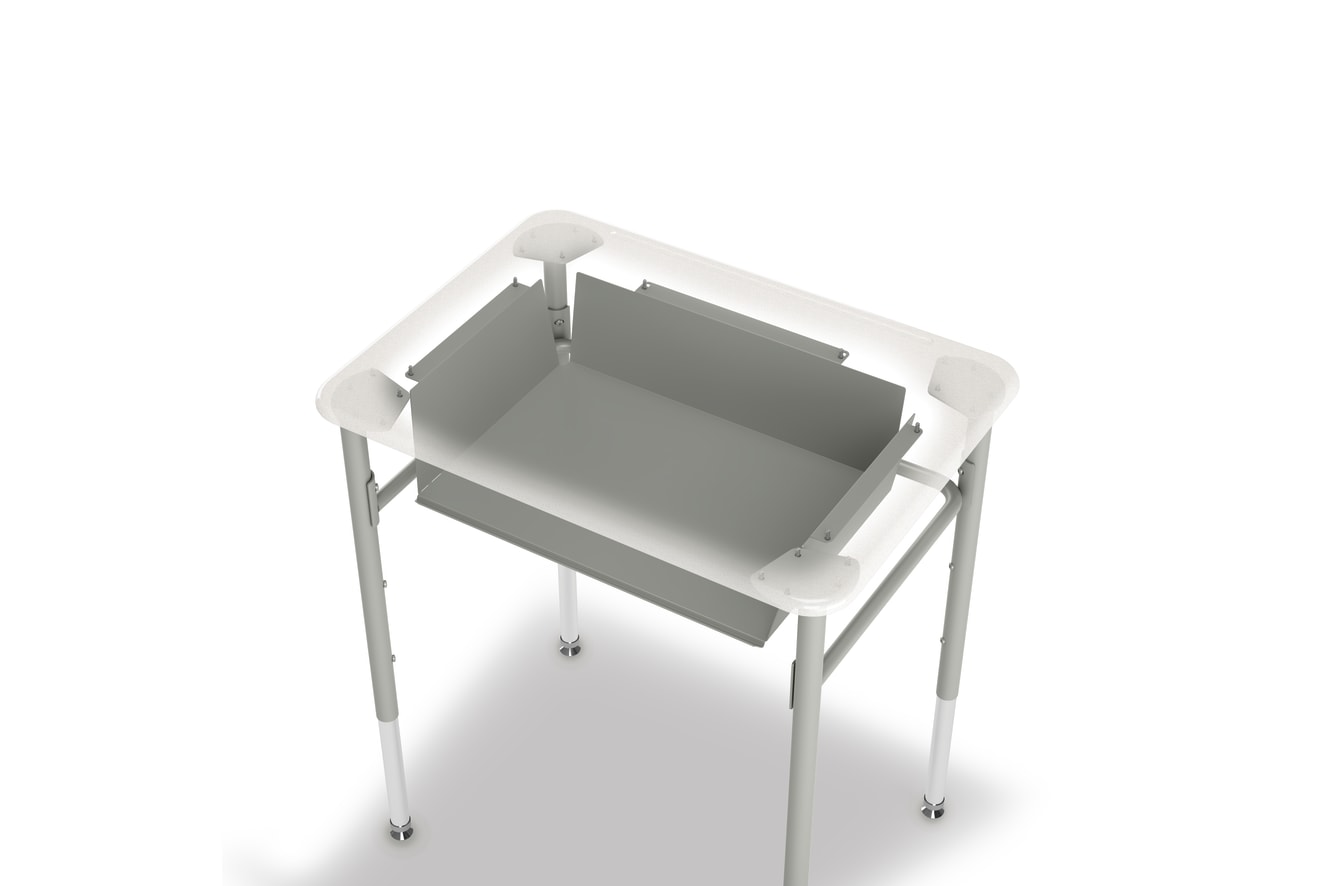Detail image showing how the SmartLink Book Box connects to the underside of a SmartLink Student Desk
