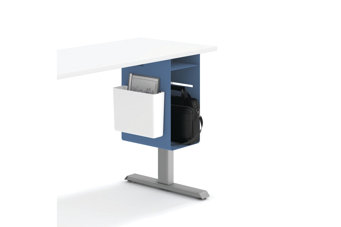 A modern, minimalist desk organizer with a white surface, a blue compartment, and a space for storing a laptop or other electronic device.