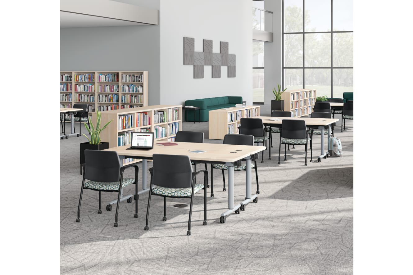 Media center image featuring green SoCo units and laminate Field Trip Tables.