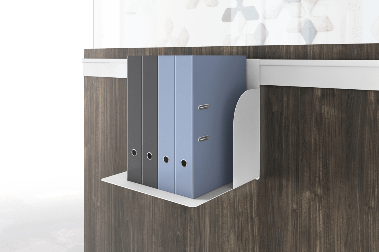 Gallery panel binder shelf hanging on an accessory rail.