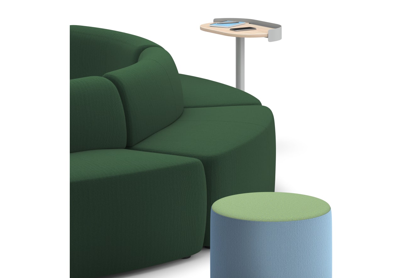 SoCo soft seating with Sculpt personal table and Flock ottoman.