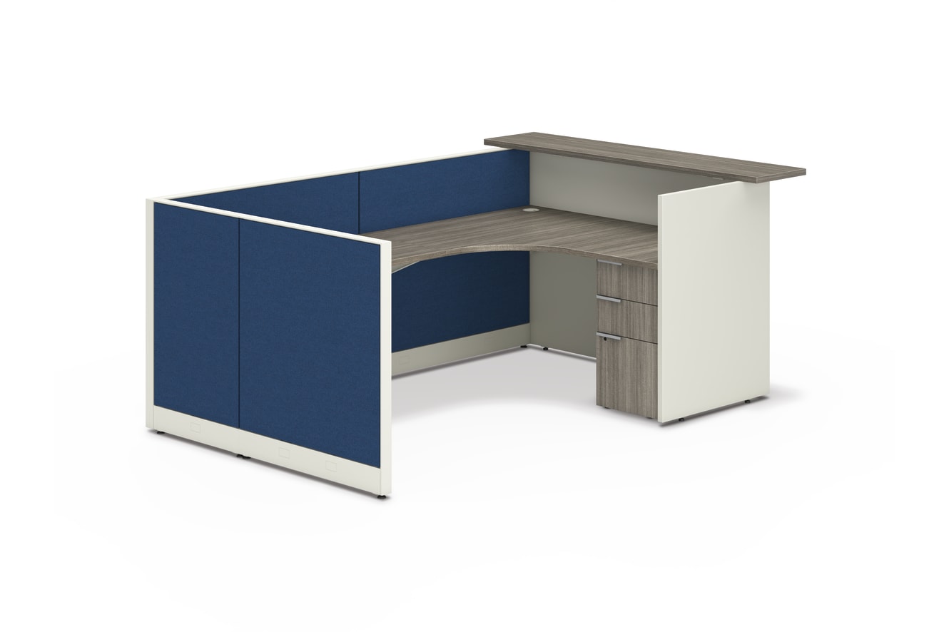 Accelerate reception station with gallery panel walkup counter and blue fabric panels