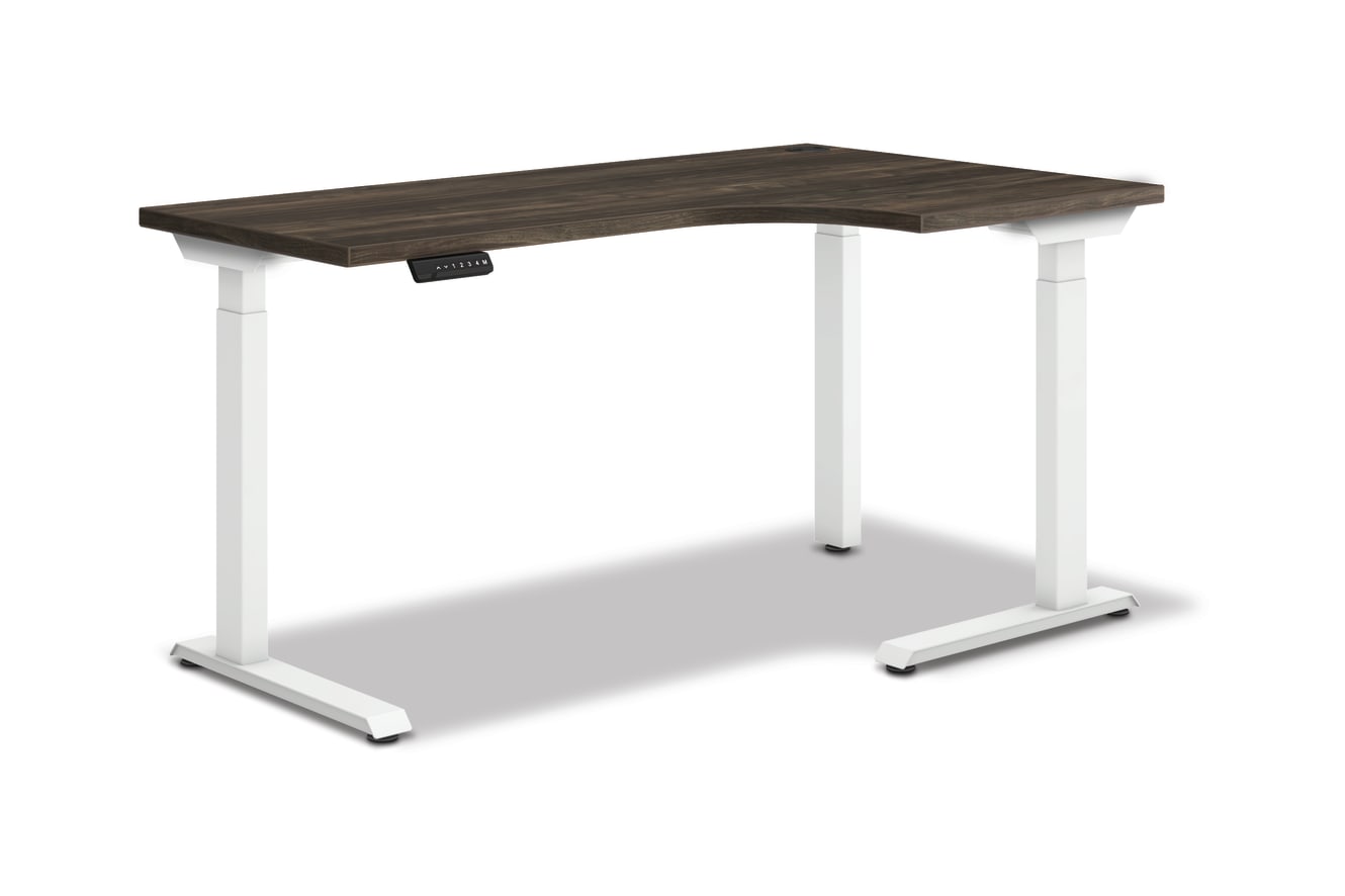 HON Coordinate height-adjustable 3-leg/2-stage, C-Foot table base in Designer White finish with Florence Walnut top.