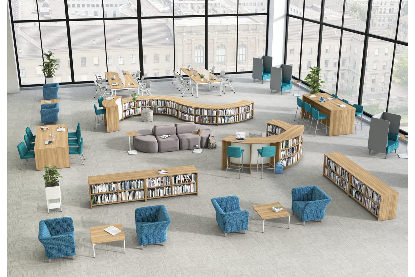A multi-media center setting featuring Storyline bookcases, Flock, Soco, and Flock seating, and Birk and Preside tables.