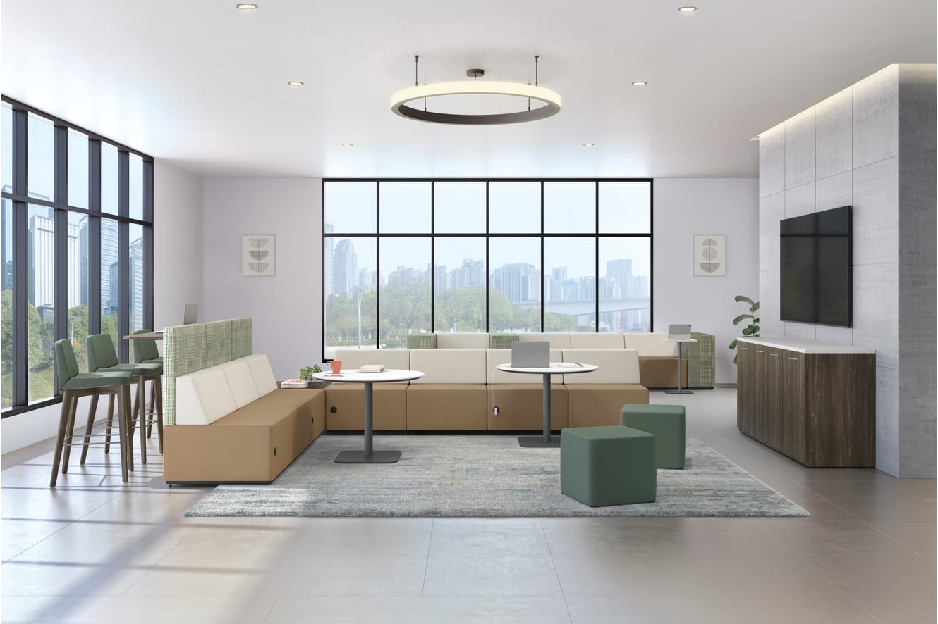 Tangram seating with Flock seating, Birk tables, and Preside credenza.