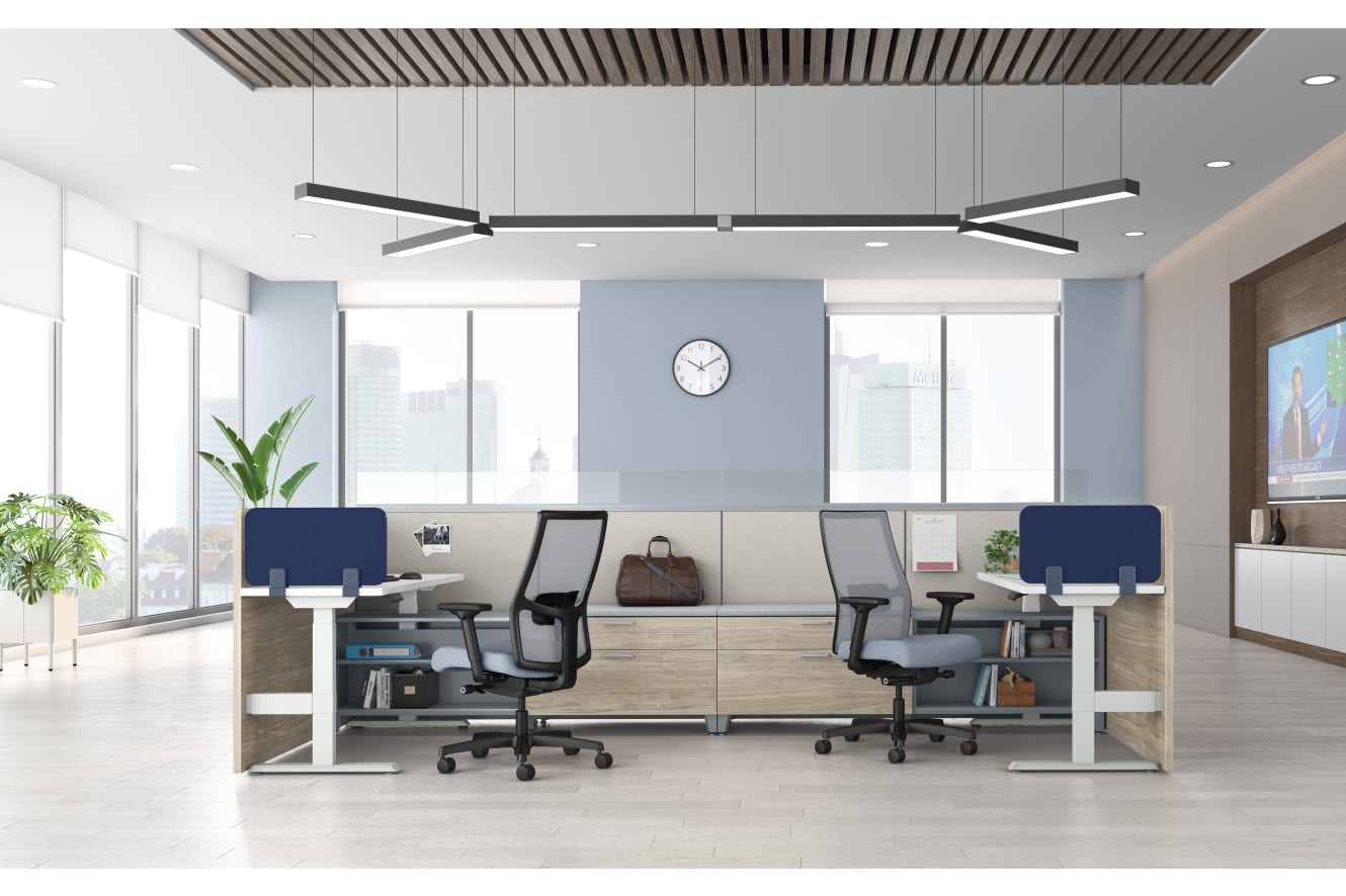 A modern and minimalist office space with sleek furniture, large windows, and a minimalist lighting fixture overhead.
