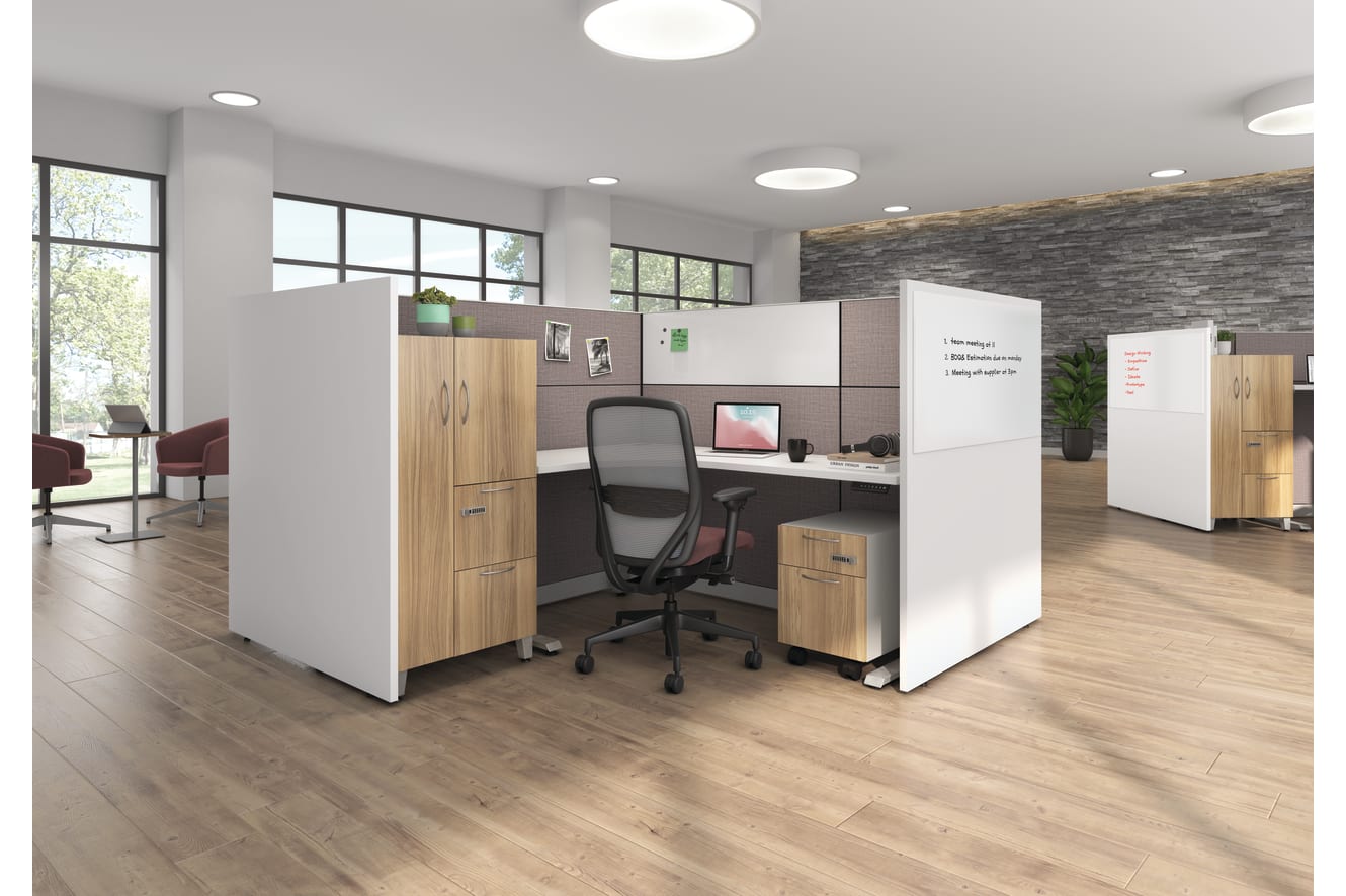 Abound workstation with Gallery Panels, and Contain storage with digital locks.