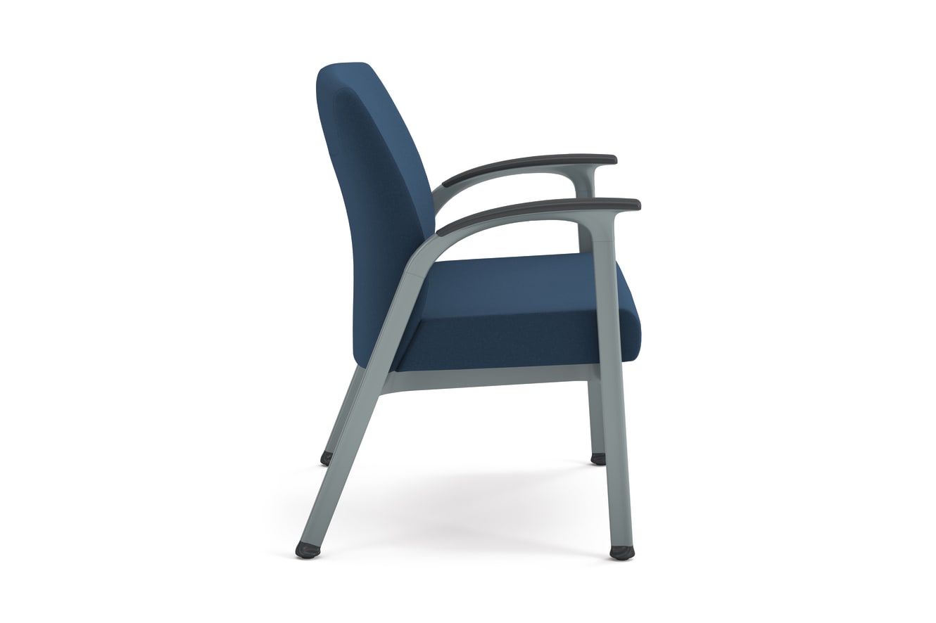 Blue cushioned guest chair with textured fabric, metal frame, and integrated armrests, designed for modern office or waiting areas.