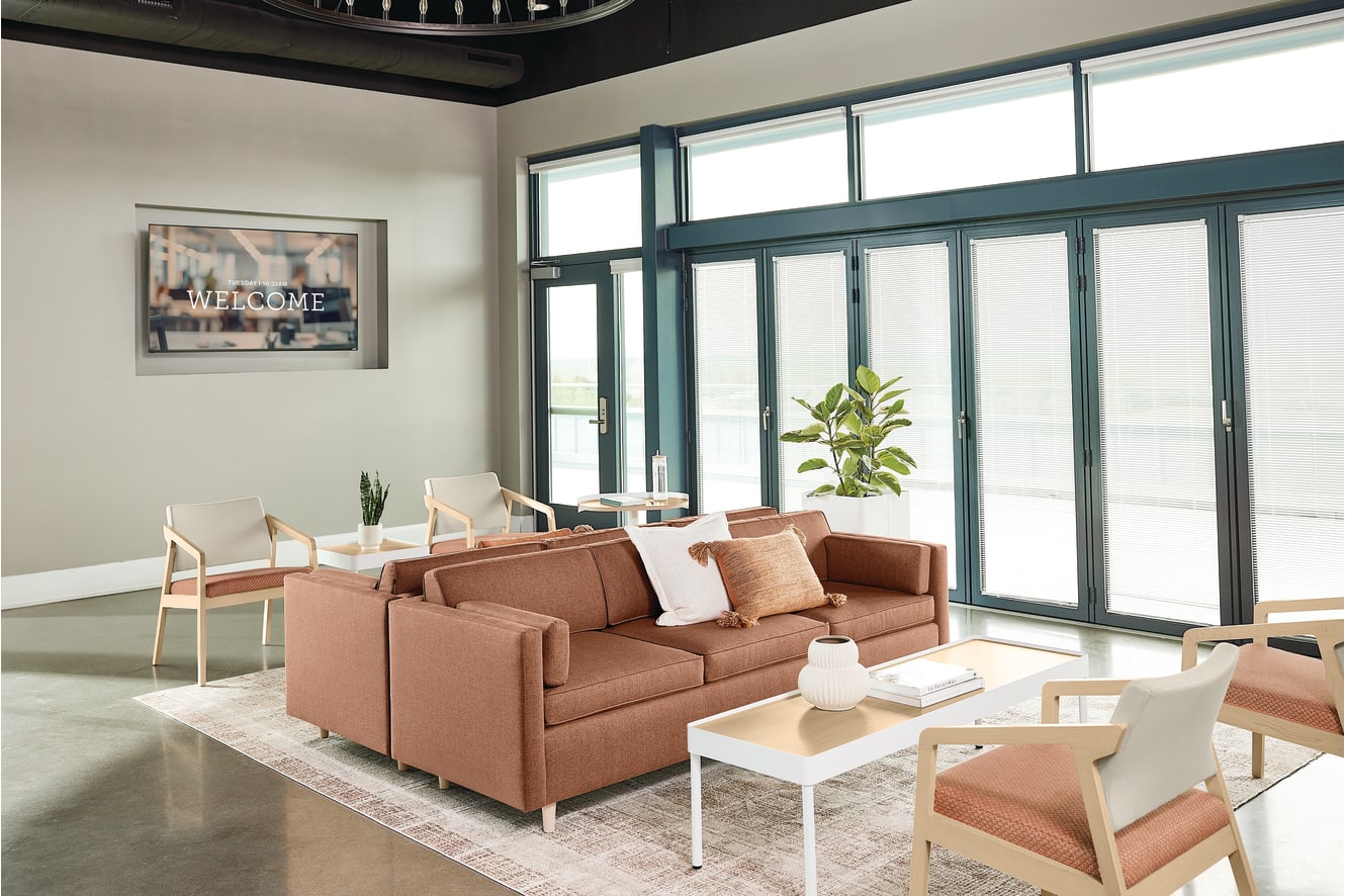Confer chair with West Hill sofa and Sculpt tables 