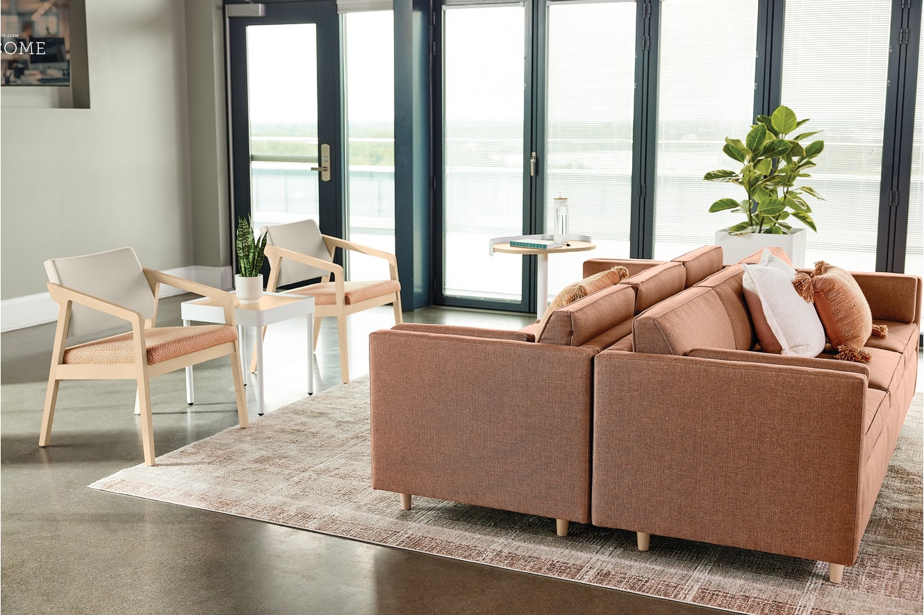 Confer chair with West Hill sofa and Sculpt tables 