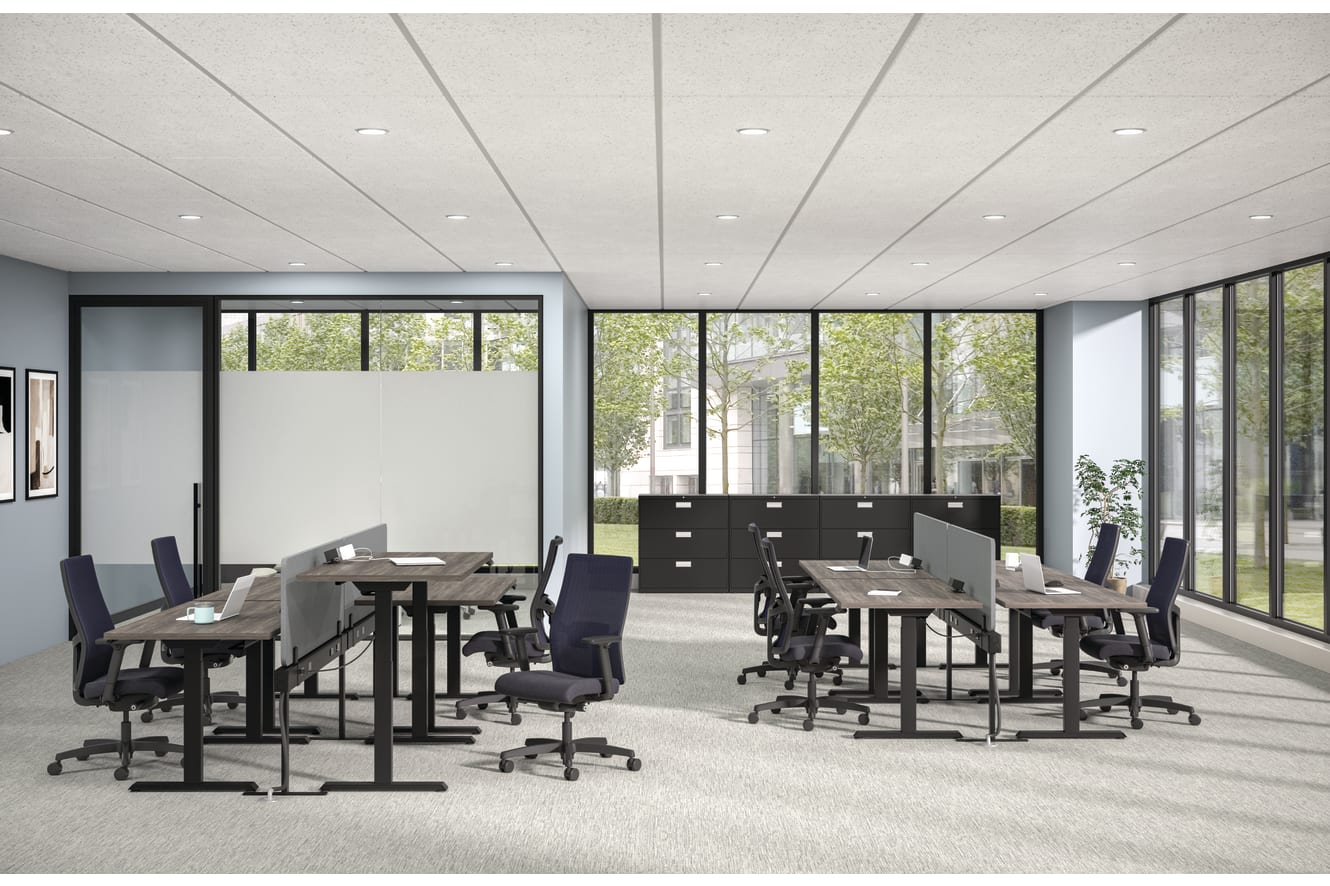 Modern open office with benching desks, task chairs, privacy panels, storage cabinets, and large windows with greenery view.