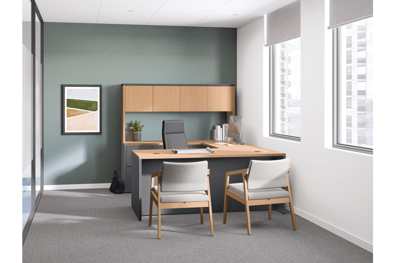 Modern private office with wood desk, overhead storage cabinet, two guest chairs, framed wall art, large windows, and soft daylight in a clean, contemporary workspace.