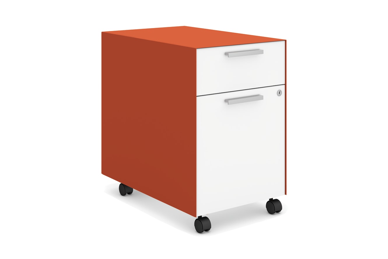 A bright orange filing cabinet with two drawers and white accents, sitting on casters against a plain white background.