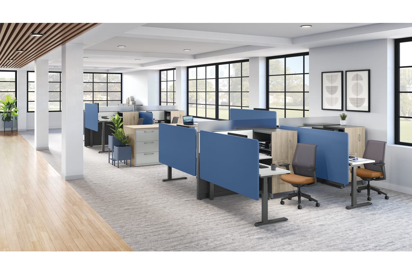 Modern open office layout with blue fabric cubicle panels, wood storage units, ergonomic task chairs, and large grid windows bringing in natural light.