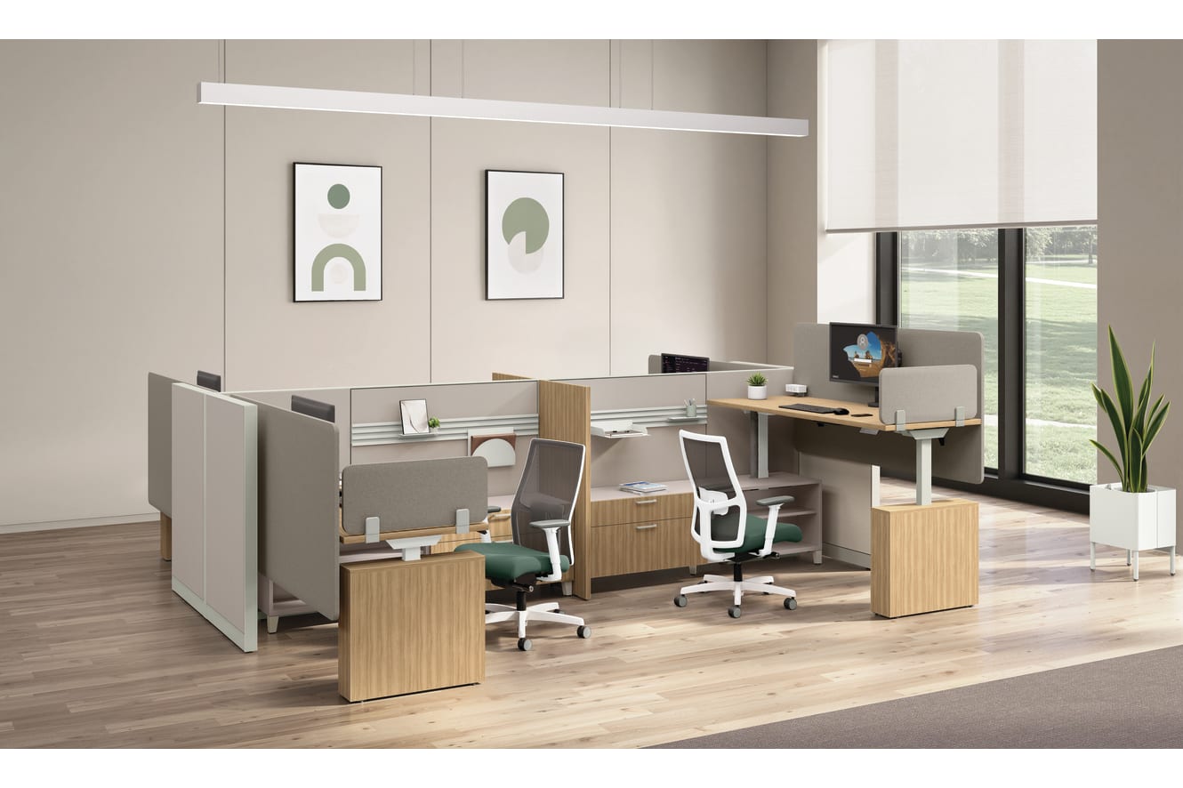 Modern open office workstation with partitioned desks, ergonomic chairs, wood storage units, and height-adjustable sit-stand stations near large windows and minimalist wall art.