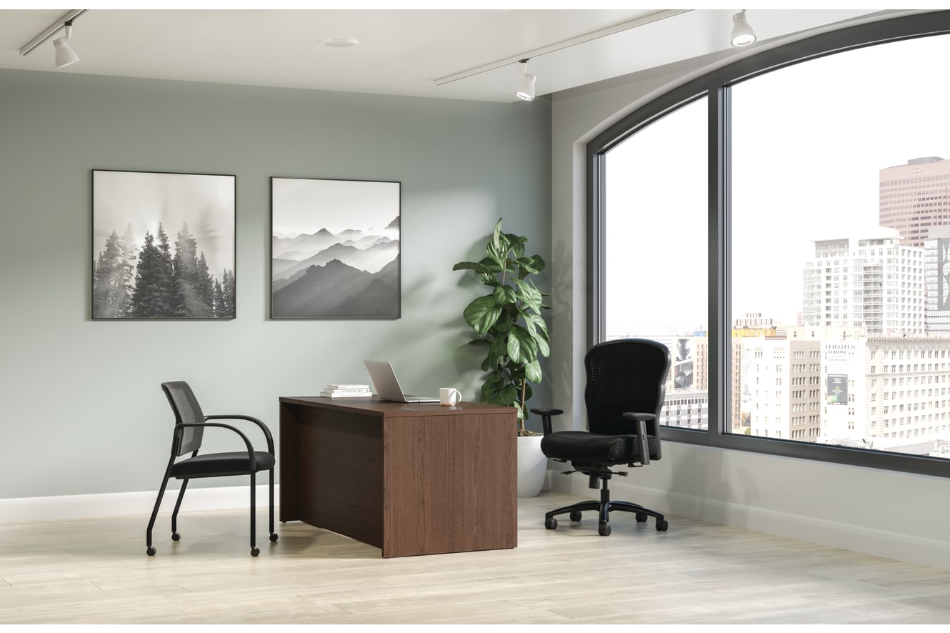 Mod desk in Sepia Walnut with Wave big & tall chair and Ignition seating