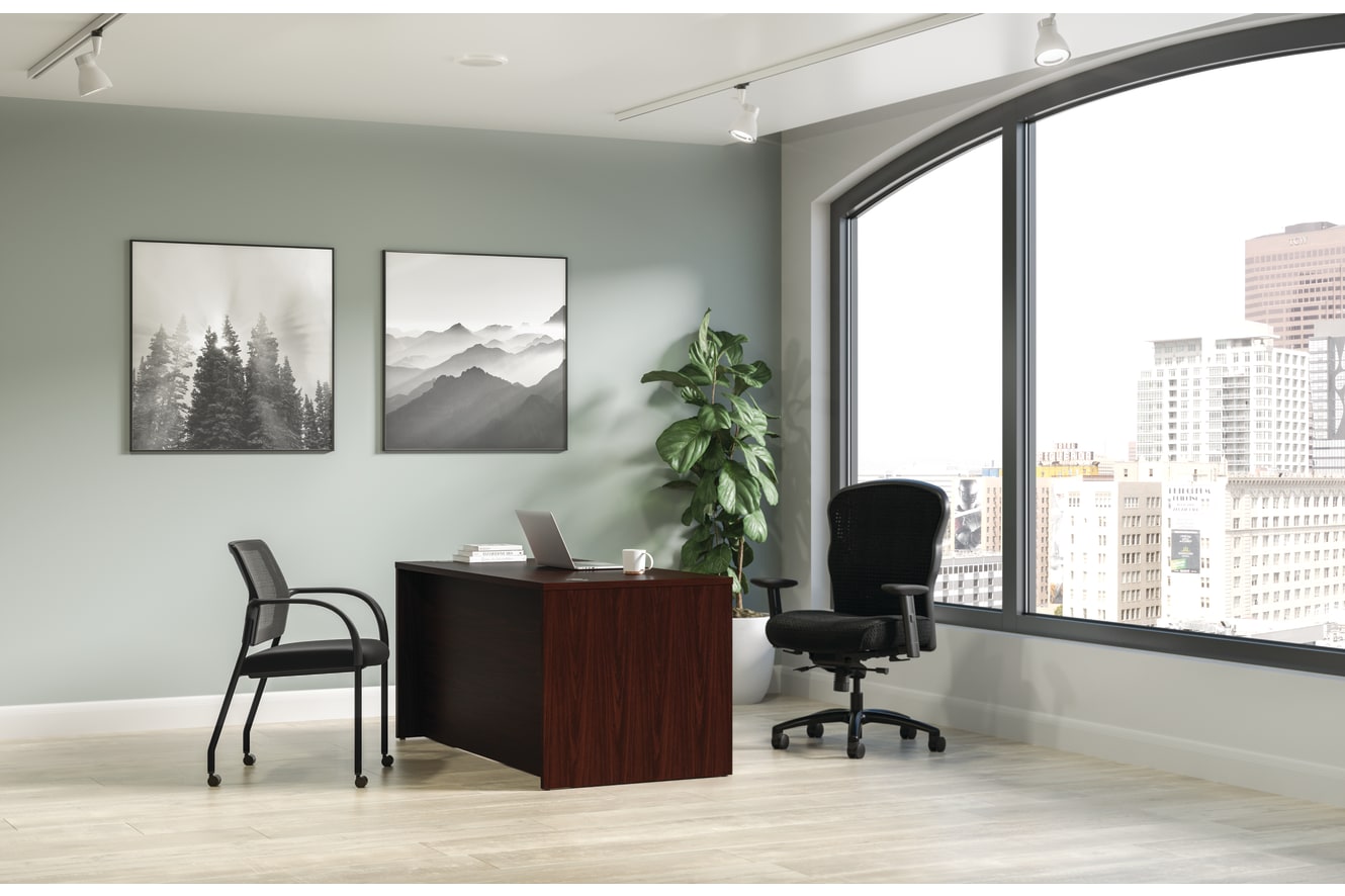 Mod desk in Traditional Mahogany with Wave big & tall chair and Ignition seating