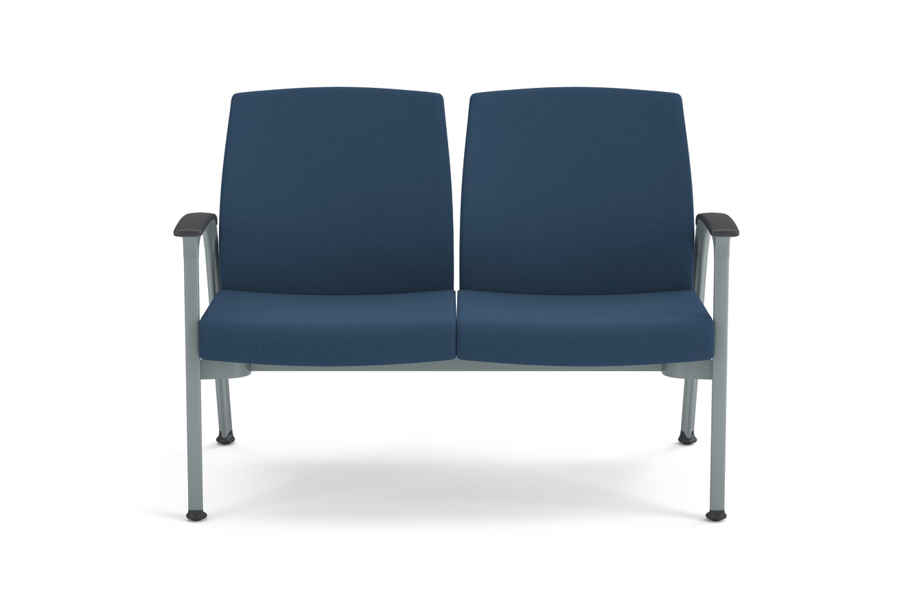 Two-seat guest chair with blue textured cushions, metal frame, and integrated armrests, designed for modern office or waiting areas.