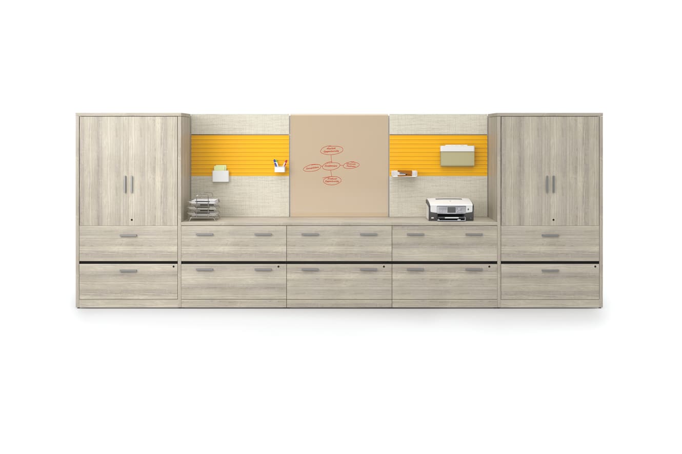 Yellow/tan 10500 Series storage wall with Workwall tiles