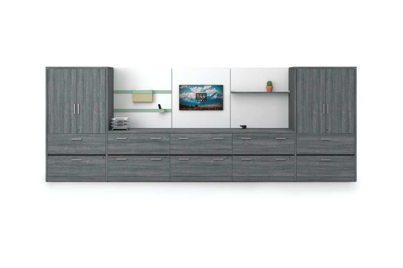 Grey 10500 Series storage wall with Workwall tiles