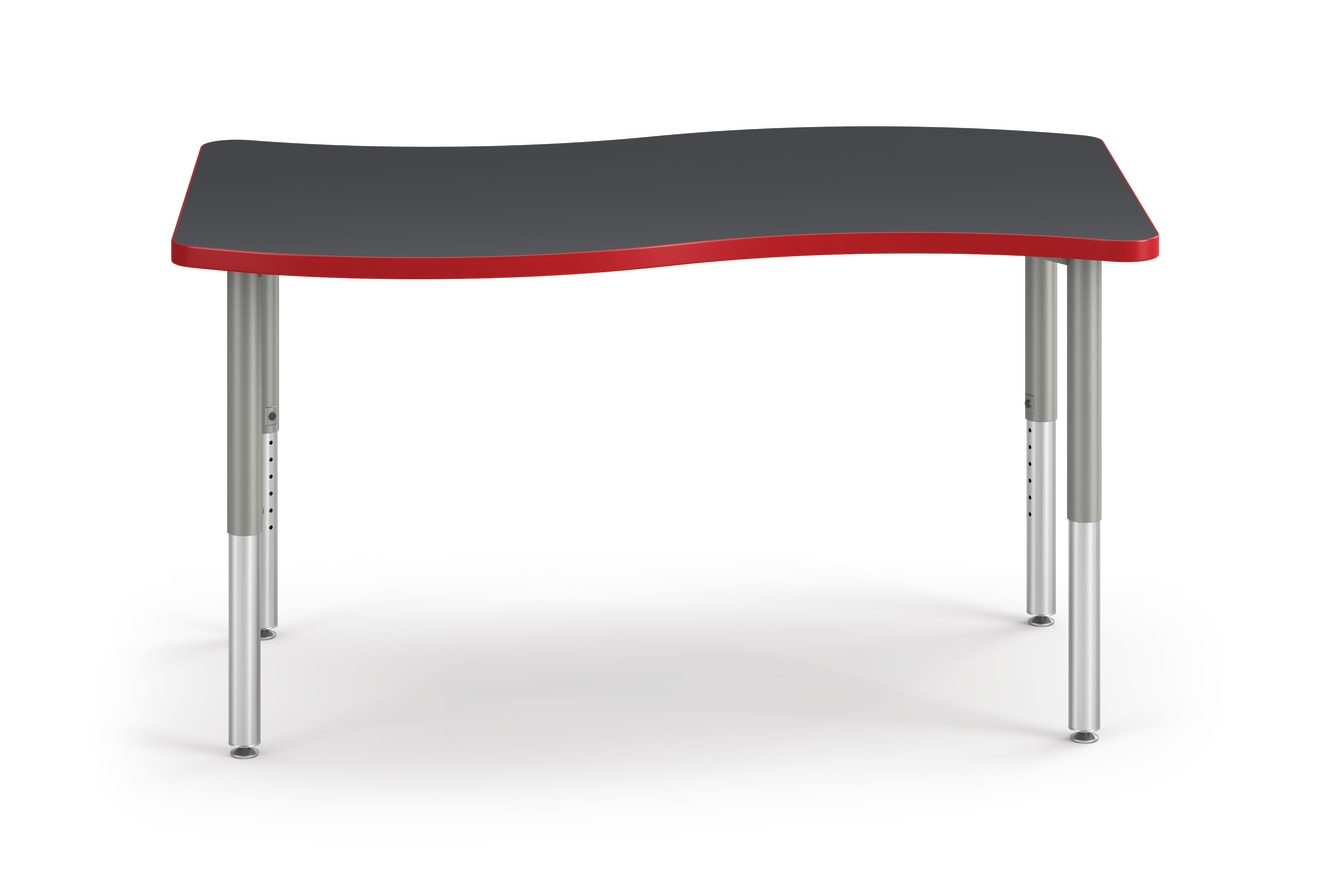 Front View of Charcoal Ribbon Build Table with Red Edge Band