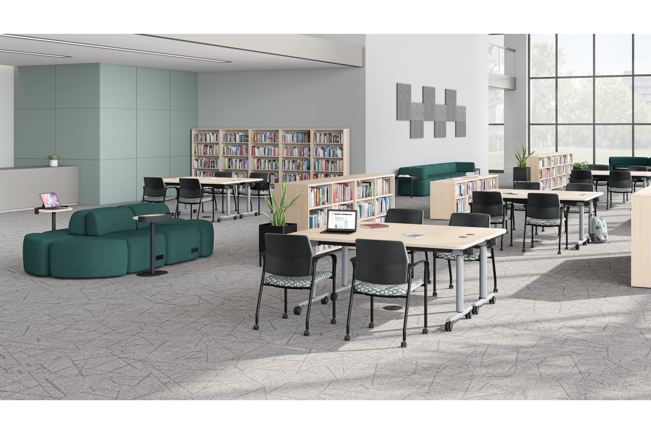 Media center image featuring green SoCo units and laminate Field Trip Tables. 