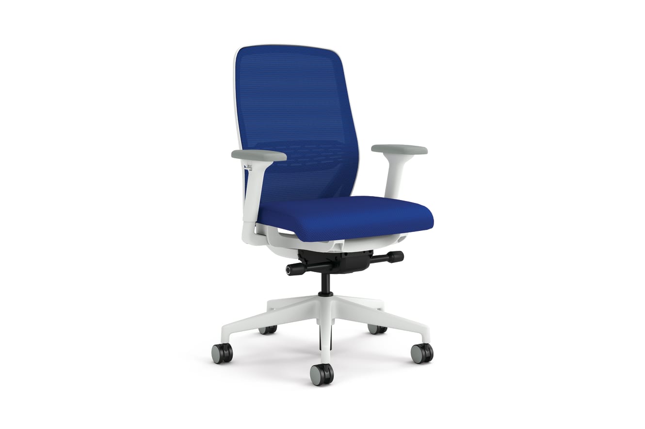 Tack chair with blue fabric and mesh back with a white frame. 