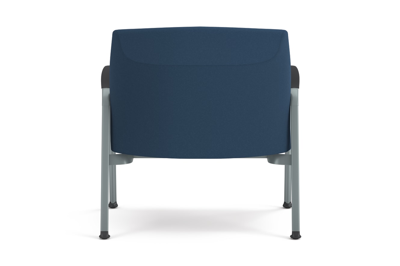 Blue cushioned guest chair with textured fabric, metal frame, and integrated armrests, designed for modern office or waiting areas.