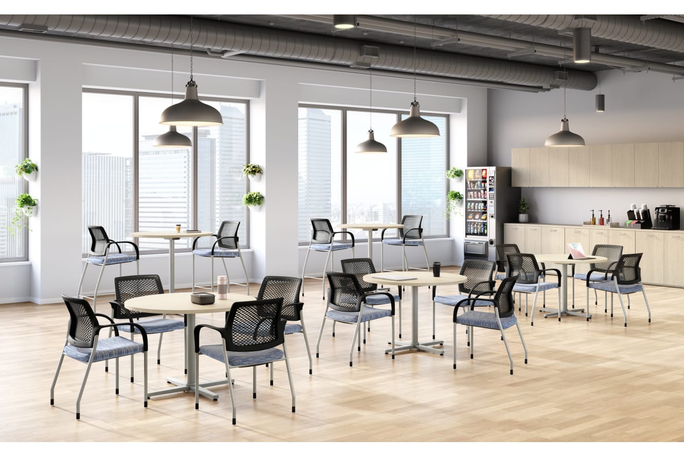Healthcare café setting with seated and high top tables and multipurpose Ignition chairs