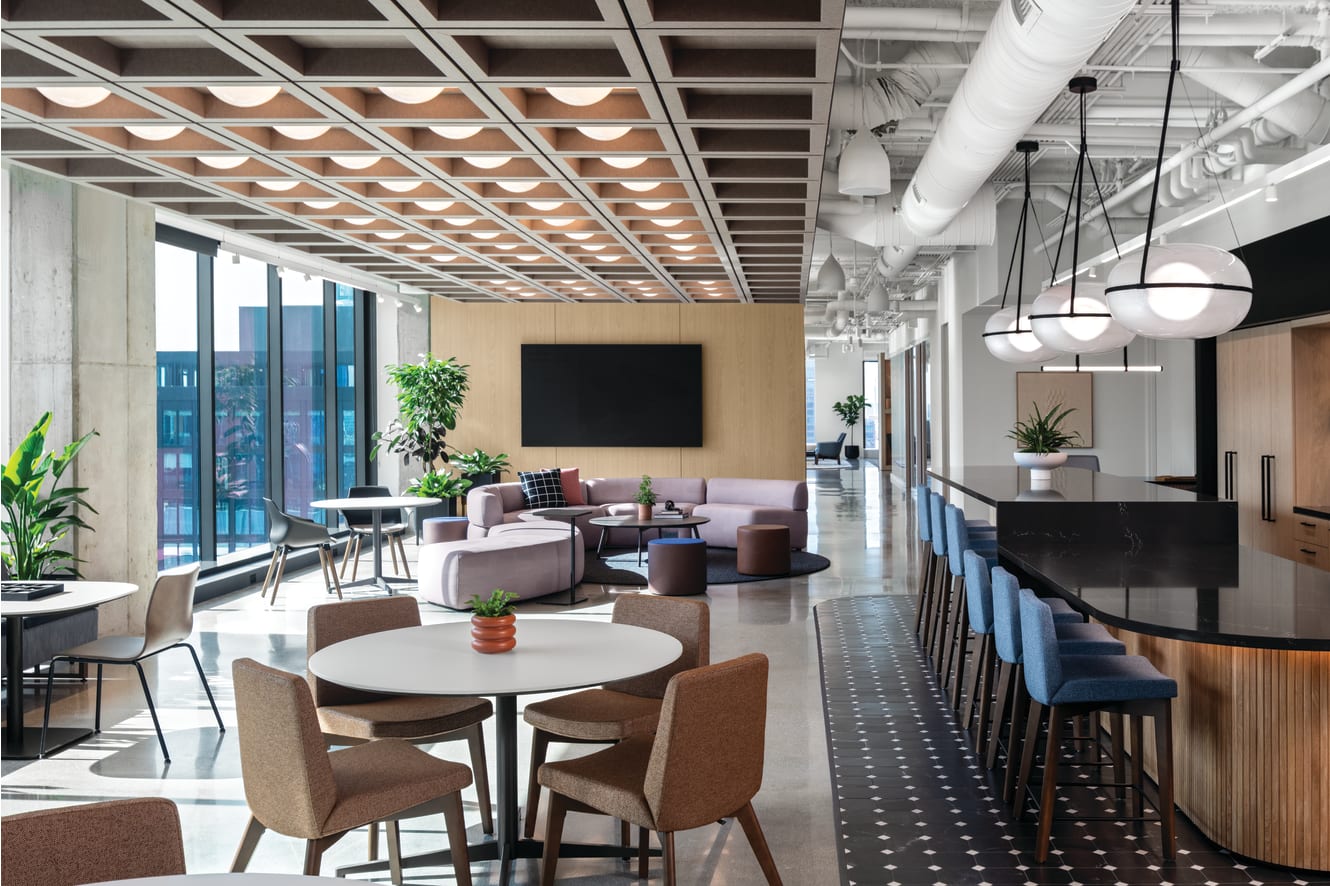 Modern open office lounge with seating areas, café bar, large windows, indoor plants, and geometric ceiling lighting.